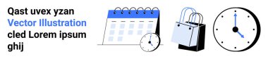 Calendar with a magnifying glass, clock, and shopping bags emphasizing time management, organization, and planning tasks. Ideal for productivity, appointments, reminders, shopping deadlines