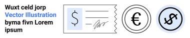 Dollar sign on a receipt, euro coin, and a currency exchange icon. Ideal for finance, accounts, payments, currency, exchange, business concepts simple landing page