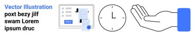 Online payment form, clock, and open hand highlighting themes thumbs up transactions, time, assistance, technology, financial management, efficiency and trust. Ideal for fintech productivity