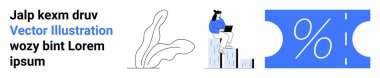 Woman working on a laptop while seated on bar graph. Large discount ticket with percentage icon. Ideal for e-commerce, analytics, marketing, sales, finance, technology, education abstract line flat