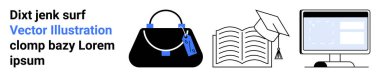 Professional handbag, open book, graduation cap, and computer monitor represent education, learning, career, self-improvement, online courses academic success and digital tools. Ideal for flat