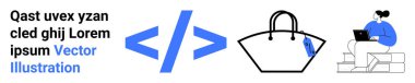 Coding symbols, shopping bag with tag, and person working on a laptop on steps. Ideal for e-commerce, programming, online shopping, technology, web design, remote work flat landing page banner