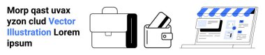 Briefcase, wallet with cards, and computer screen displaying a web shop interface. Ideal for e-commerce, online transactions, digital marketing, business management, retail, financial services