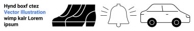 Black shoe tracks, outlined bell symbol, and simple car design illustrating movement, alerts, and commuting. Ideal for apps, mobility, notifications, transport travel services flat landing page