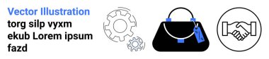 Handbag with tag, gear, and handshake symbol. Ideal for business, innovation, teamwork, fashion, retail, branding e-commerce flat landing page banner
