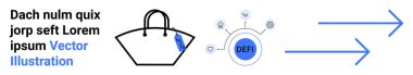 Shopping bag connected to digital decentralized finance system with token, futuristic e-commerce context. Ideal for retail, blockchain, innovation, technology, shopping, finance, flat landing page