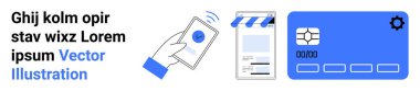 Smartphone tapping to confirm payment, payment receipt on mobile screen, and blue credit card interface. Ideal for finance, e-wallets, online shopping, fintech, security, innovation simple landing