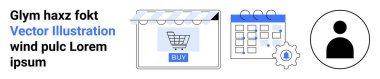 Online shopping cart storefront, calendar interface with settings gear, and user profile icon. Ideal for e-commerce, scheduling, user settings, digital interface, online tools, business flat landing