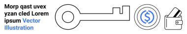 Key symbolizing access, coin indicating value, and wallet representing storage. Ideal for security, finance, digital transactions, personal management, access control banking savings. Landing page