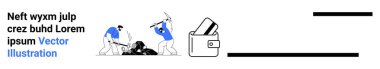 Workers digging with tools extracting resources, adjacent to wallet with credit cards and text placeholder. Ideal for business, finance, labor, resource extraction, investment, construction, economy
