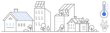 Urban and suburban homes and buildings equipped with solar panels, surrounded by trees. A temperature gauge and potted plants suggest sustainability. Ideal for clean energy, eco-friendly living