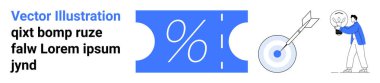 Discount coupon with percentage sign, dashed line, and dart hitting bullseye on target. Ideal for offers, savings, goals, marketing, achievements precision business rewards. Abstract line flat