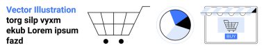 Shopping cart, pie chart with blue segment, and storefront window emphasizing e-commerce, sales analytics, marketing strategy, retail, data optimization, consumer behavior. Ideal for e-commerce