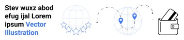 Globe with location markers, travel paths, wallet with cards, five stars rating. Ideal for global navigation, geolocation, financial transactions, ecommerce travel reviews technology. Landing page