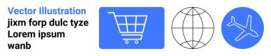 Shopping cart, globe, airplane. Ideal for e-commerce, travel, logistics, globalization, online marketplace, international business simple landing page