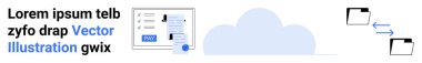 Digital file folders syncing over the cloud, document overview with user details and a verified checkmark. Ideal for cloud computing, file management, data transfer, cybersecurity, collaboration