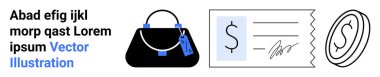 Handbag with price tag, signed check, dollar coin highlight commerce, fashion, spending, and transactions. Ideal for retail, finance online shopping banking budgeting fashion marketing. Flat