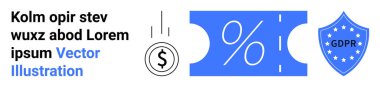 Coin, percentage symbol on ticket, and GDPR shield emphasize secure data handling, customer discounts, and financial savings. Ideal for finance, GDPR compliance, e-commerce deals, data protection