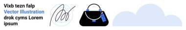 Elegant black handbag accented with blue details, next to a cursive signature and cloud graphics. Ideal for branding, fashion, luxury, identity, ecommerce, retail, design themes flat landing page
