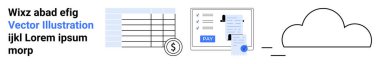 Invoice with table and dollar sign, payment form, pay button, cloud sync. Ideal for fintech, cloud computing, financial management, invoicing, data storage e-commerce workflow processes abstract