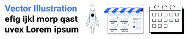 Rocket launching, web page with storefront awning, calendar with grid, various text elements. Ideal for startup, business planning, website creation, scheduling, project management technology