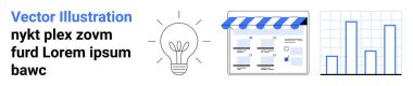 Light bulb signifying innovation, webpage storefront representing design and e-commerce, bar chart depicting analytics. Ideal for startups, business strategy, web design, data analysis, creative