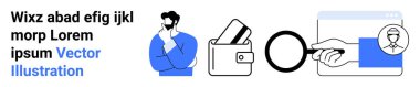 Man thinking with folded arms, ID card being placed in wallet, magnifying glass, and browser window with user icon. Ideal for identity verification, security, analysis, databases, online