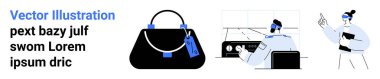 Black handbag with tag, person working at desk with computer, professional making a point. Ideal for fashion, business, e-commerce, analysis, teamwork professionalism career. Flat landing page