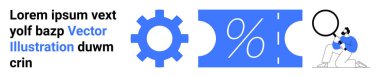 Gear, ticket-style percentage sign, and person with magnifying glass explore concepts of discount, analysis, efficiency, technology, productivity, marketing optimization. Ideal for business