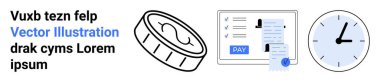 Coin, invoice with pay button, and clock icons represent financial management, time tracking, bill payment, and accounting. Ideal for finance, apps, deadlines reminders scheduling abstract line