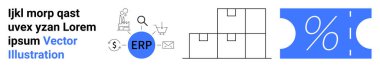 Blue ERP element connects logistics, magnifying tool, and email with warehouse boxes and discount ticket. Ideal for business, software solutions, analytics, logistics, sales, integration abstract