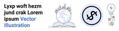 Open book with sprouting plants, globe symbolizing growth and knowledge, dollar sign in circle for finance concept, and light bulb for innovation and ideas. Ideal for education, sustainability
