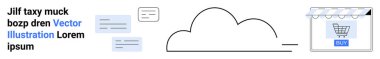 Cloud outline connects messages and a storefront with a shopping cart. Ideal for e-commerce, cloud technology, online communication, data sharing, retail, digital transactions, flat landing page
