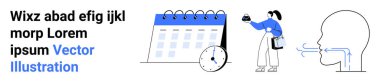 Calendar with clock for scheduling, figure with coffee emphasizing productivity, and speech shape indicating communication. Ideal for organization, time management, teamwork, wellness, work-life