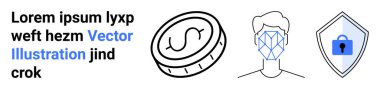 Coin with dollar symbol, face with recognition pattern, and security shield with lock. Ideal for finance, security, biometrics, identity, data authentication technology. Flat landing page banner