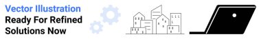 Gear and cogwheels, stylized cityscape, modern laptop emphasizing collaboration, innovation, urban planning, remote connectivity, smart technologies, and efficiency. Ideal for tech business