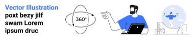 Man with laptop pointing, 360-degree rotation icon, and person jumping joyfully near cityscape. Ideal for innovation, technology, achievement, productivity, freedom, education flat landing page