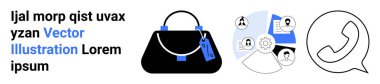 Modern handbag with tags, circular infographics showing collaboration, and a phone call symbol. Ideal for retail, networking, business communication, teamwork, branding, e-commerce flat landing page