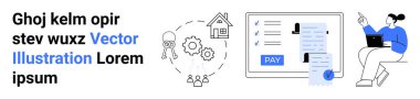 Online payment screen with checklist and Pay button, gears, house outline, and woman operating laptop. Ideal for fintech, real estate, invoices, remote work, planning digital tools abstract line
