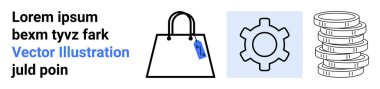 Shopping bag with a tag, gear for settings, and coin stack representing retail, technology, and finance. Ideal for e-commerce, shopping, settings, economy business operations flat landing page