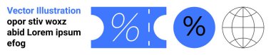 Blue ticket with percentage symbol, solid percentage icon, and wireframe globe. Ideal for discounts, marketing, shopping, offers, global business, finance online sales abstract line flat metaphor