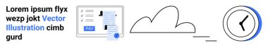Payment form with details and button, cloud shape symbolizing connectivity, and clock for time management. Ideal for finance, tech, communication, efficiency, productivity, deadlines abstract line