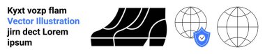 Tire tread vectors representing durability, globes denoting global reach with a shield emphasizing security. Ideal for safety, travel, insurance, transportation, environmental, logistics, flat