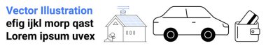 Solar-powered house with panels and antenna, car side view, wallet with cards. Ideal for renewable energy, smart homes, eco-friendly transport, financial management, technology integration