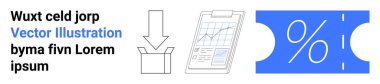 Open box with downward arrow, clipboard with graph, percent ticket coupon. Ideal for e-commerce, retail tracking, discounts, data monitoring, shopping trends, packaging abstract line flat metaphor