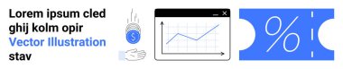 Blue coin falling into a hand, upward trend line graph, and percentage on ticket. Ideal for finance, budgeting, saving, discounts, analytics, marketing investment ideas abstract line flat metaphor