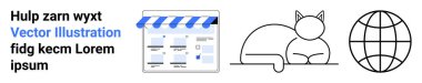 Blue and white digital storefront, minimalist black outline of a cat lounging, globe wireframe representation. Ideal for e-commerce, pet care, global connectivity, online presence, simplicity theme