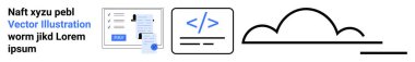 Form submission with button, code editor interface, cloud icon in minimal lines. Ideal for technology, web development, software, data storage, cloud computing, education abstract line flat metaphor
