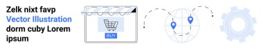 Shopping cart under a storefront awning, globe with location pins, and gear. Ideal for e-commerce, logistics, global reach, technology, automation, digital marketing flat landing page banner