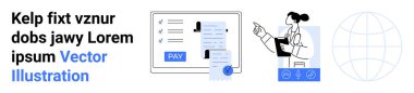 Payment interface with pay button, user profile lists, woman analyzing document, and globe grid. Ideal for finance, technology, user management, e-commerce, networking digital solutions abstract